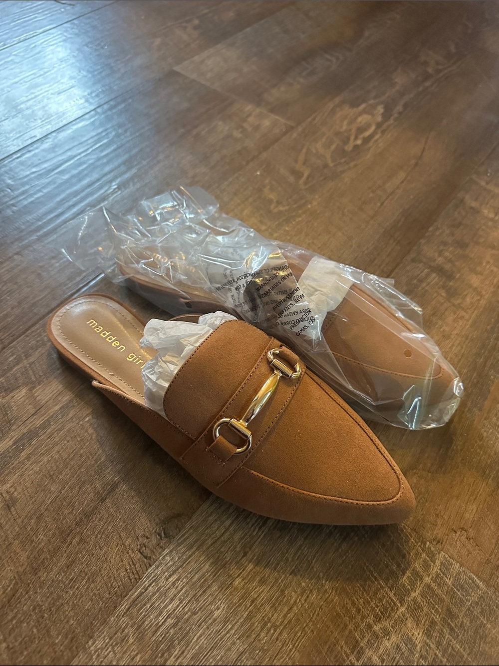 Madden Girl Cognac Brown Slip-On Pointed Toe Mules with Gold Accent